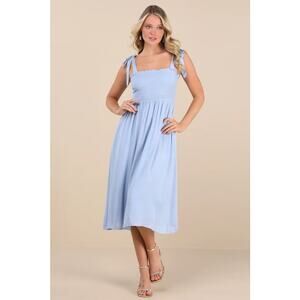 Lulus Looking Up Light Blue Smocked Tie Strap Midi Dress NEW Size Medium